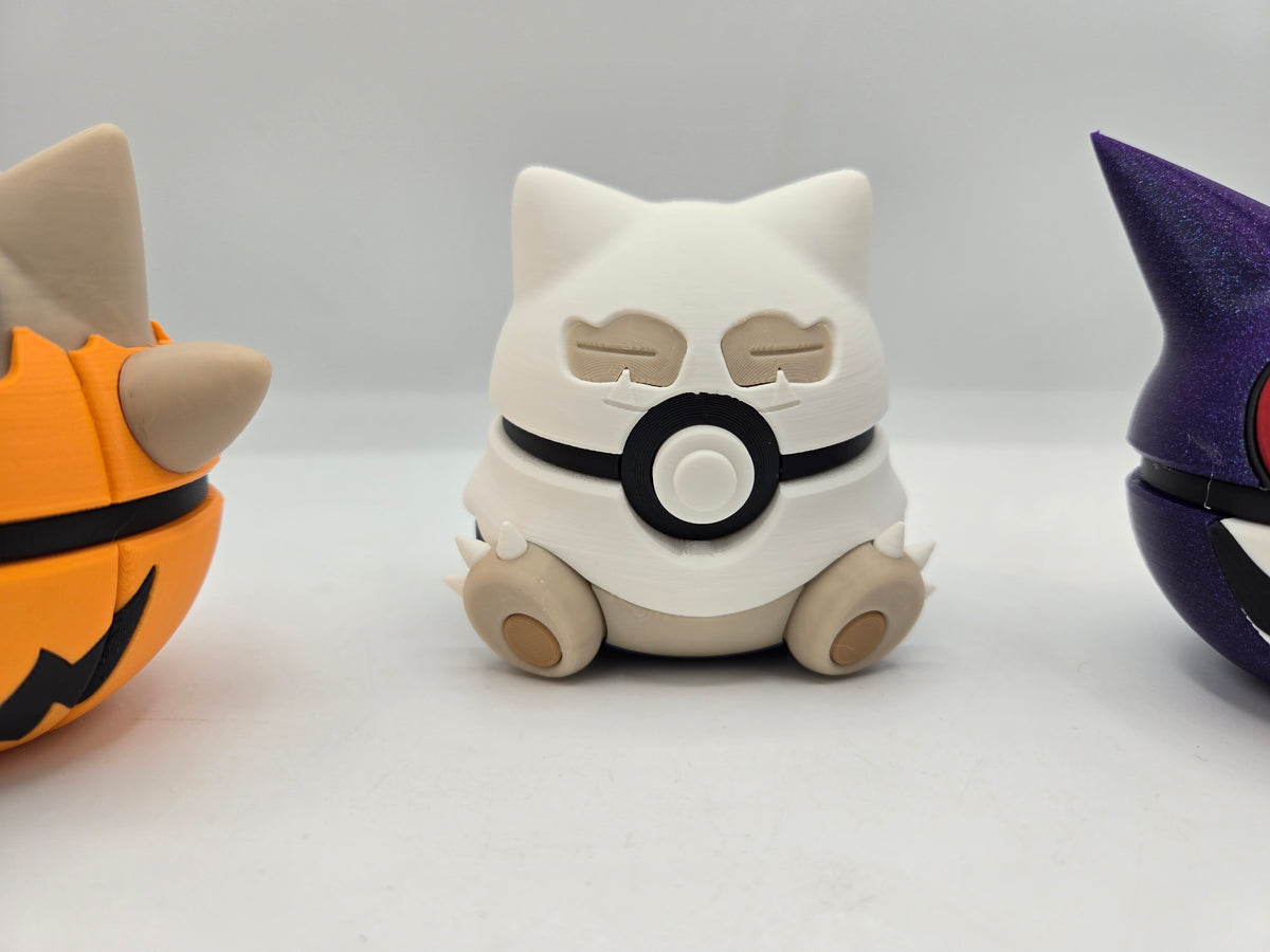 Pokémon Pokéball Inspired Clickers 3D print — Spooky Snorlax style clicker, white ghost-like body with sleepy tan eyes, black band and tan clawed feet