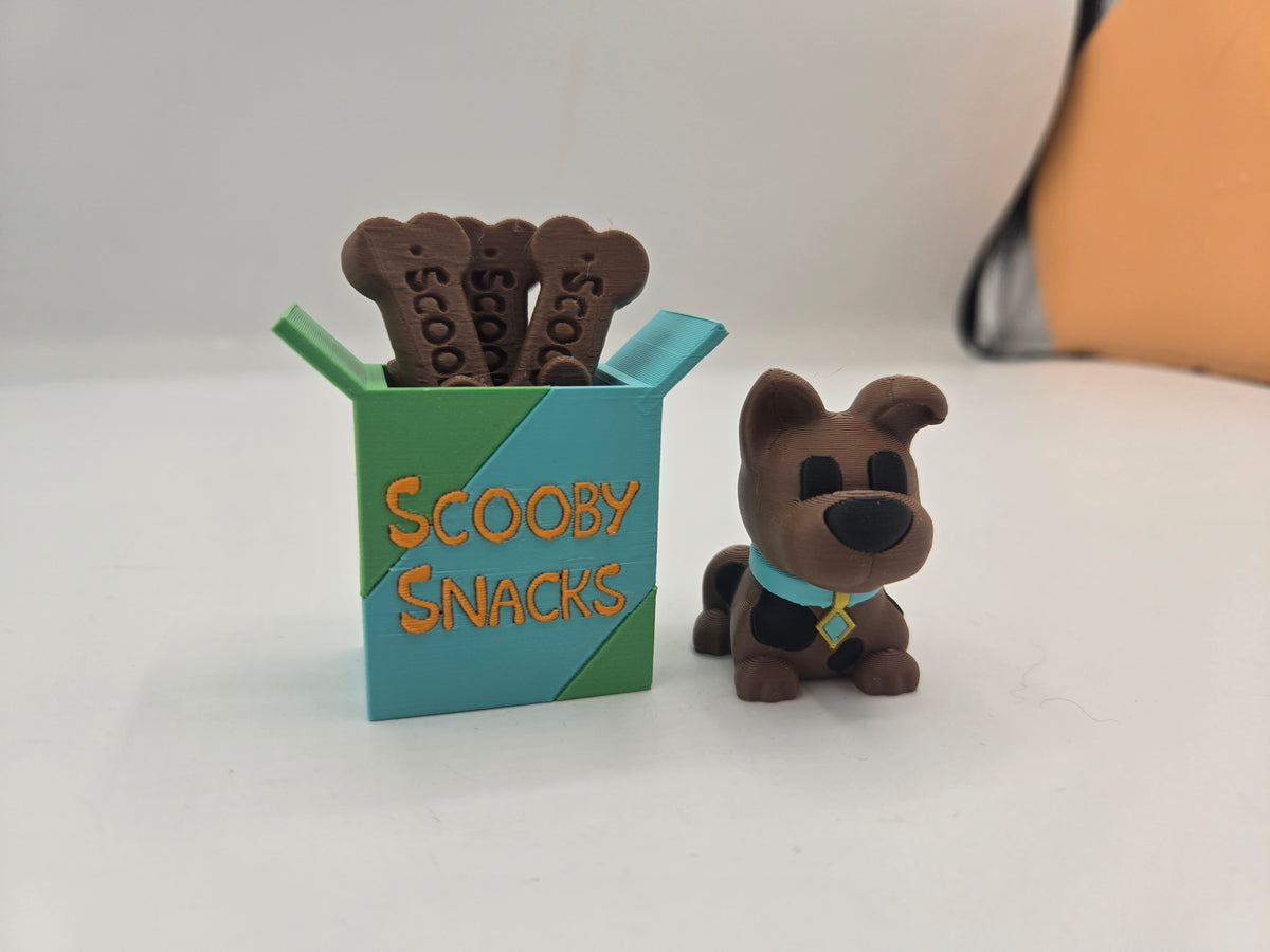 Scooby Snacks clicker box beside the mini brown dog figurine, 3D print combo set alternate angle