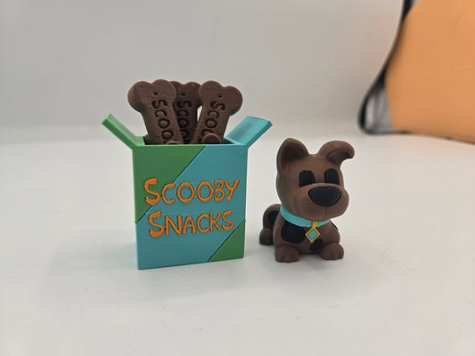 Scooby Snacks clicker box beside the mini brown dog figurine, 3D print combo set alternate angle