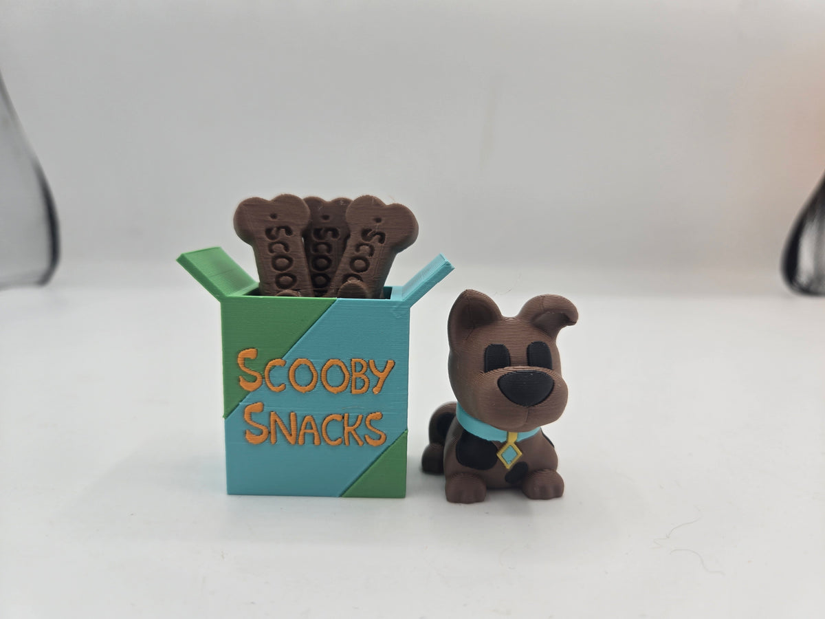 Scooby Snacks key clicker and mini Scooby Doo inspired dog figurine combo set, 3D printed, shown side by side