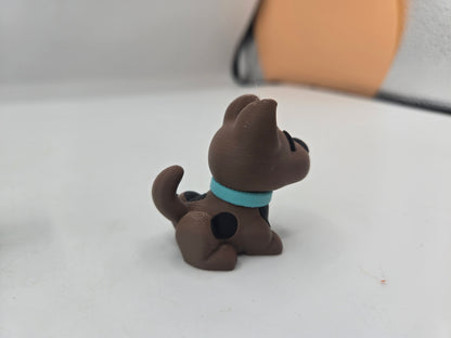 Mini Scooby Doo inspired dog figurine 3D print side view showing curled tail and spotted back