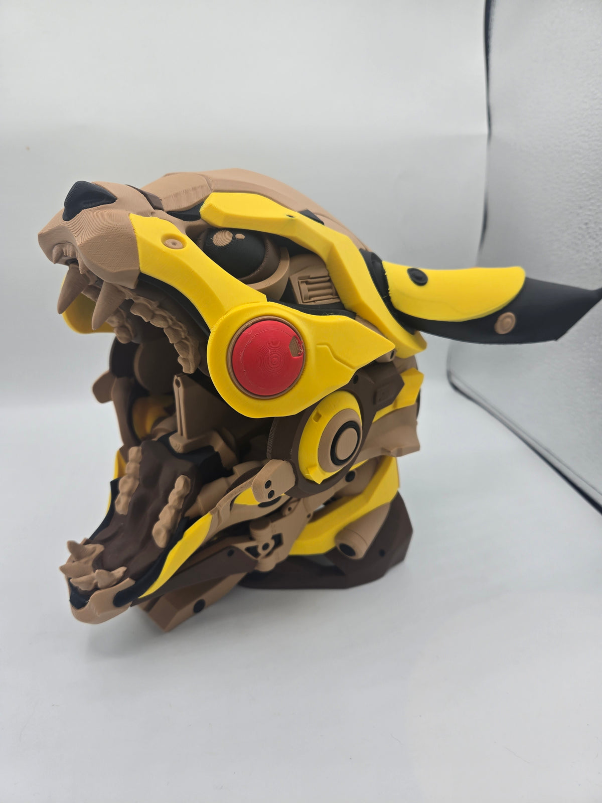 Mekachu Mecha Monster controller holder 3D print left side profile with jaw open, yellow armor plating, red cheek and black-tipped ear