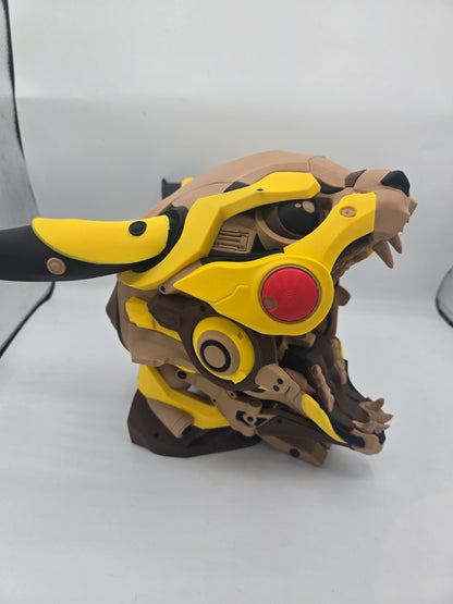 Mekachu Mecha Monster controller holder 3D print right side profile with jaw open showing layered yellow and tan mecha armor and articulated lower jaw