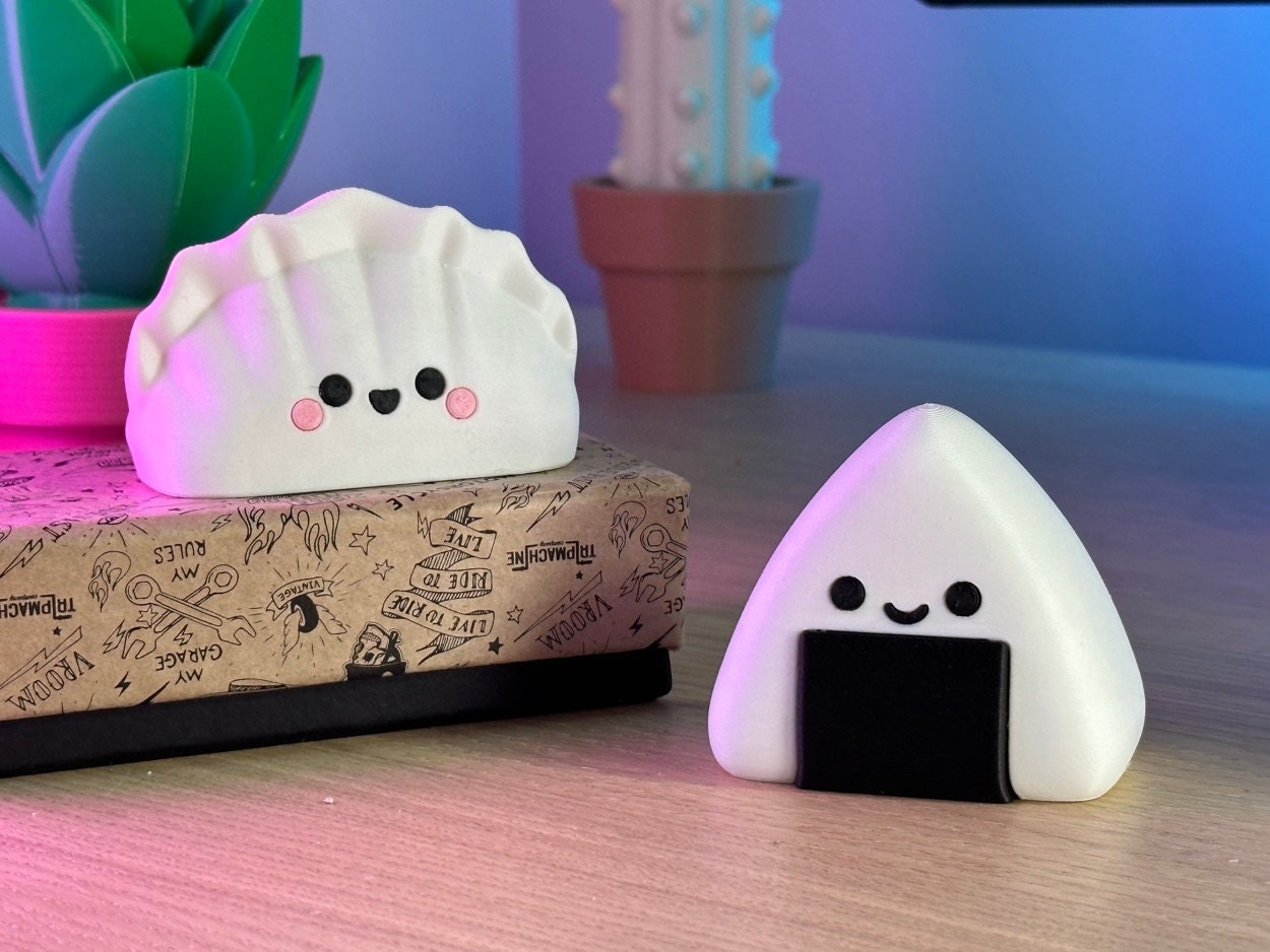 Dumpling and Onigiri 3D printed figures styled on a desk with colorful LED lighting — dumpling perched on a patterned box beside the smiling onigiri