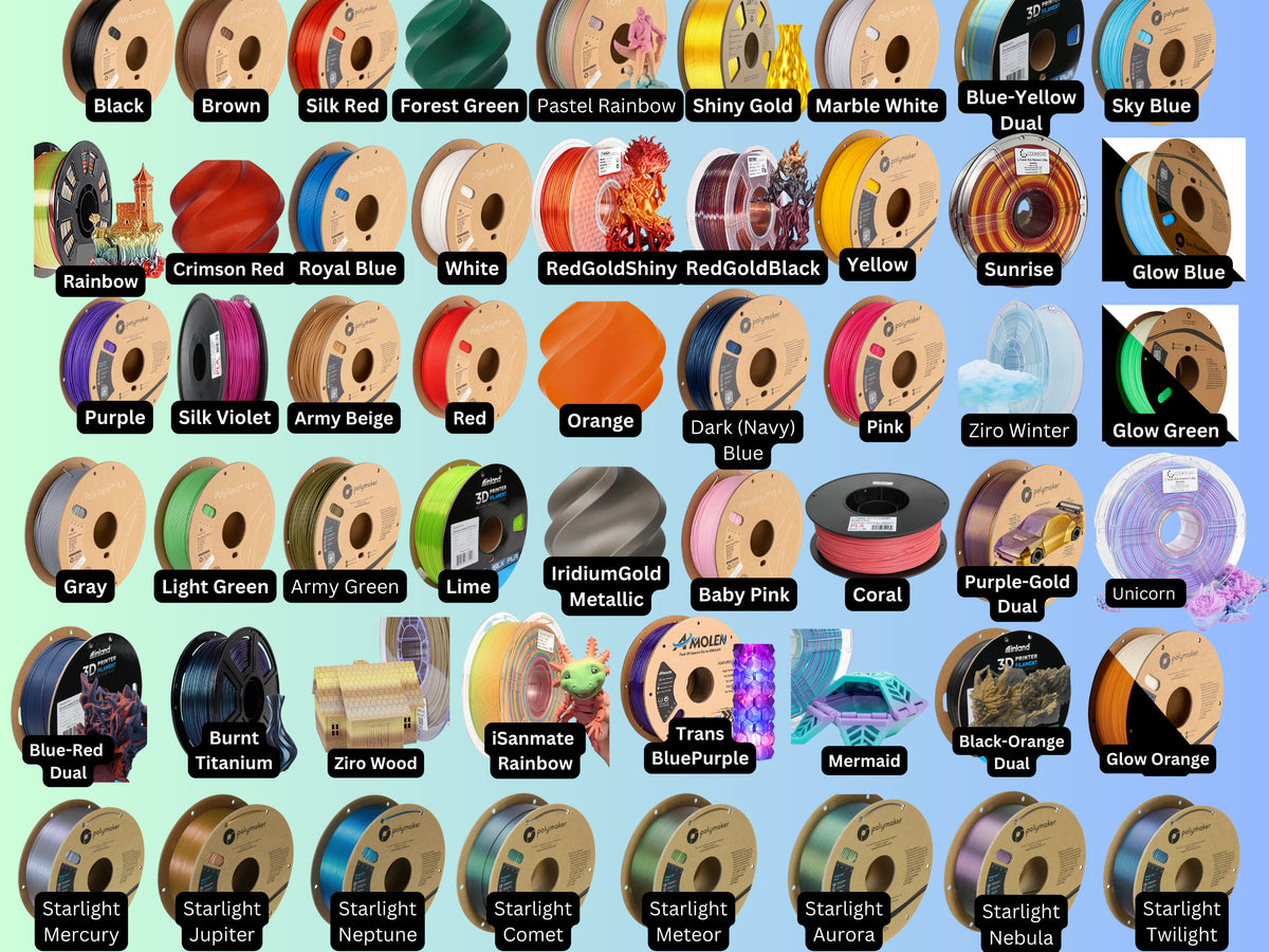 Filament color chart of available PLA color options for the Sea Cow Manatee flexi 3D print, including glow, dual-color, and rainbow