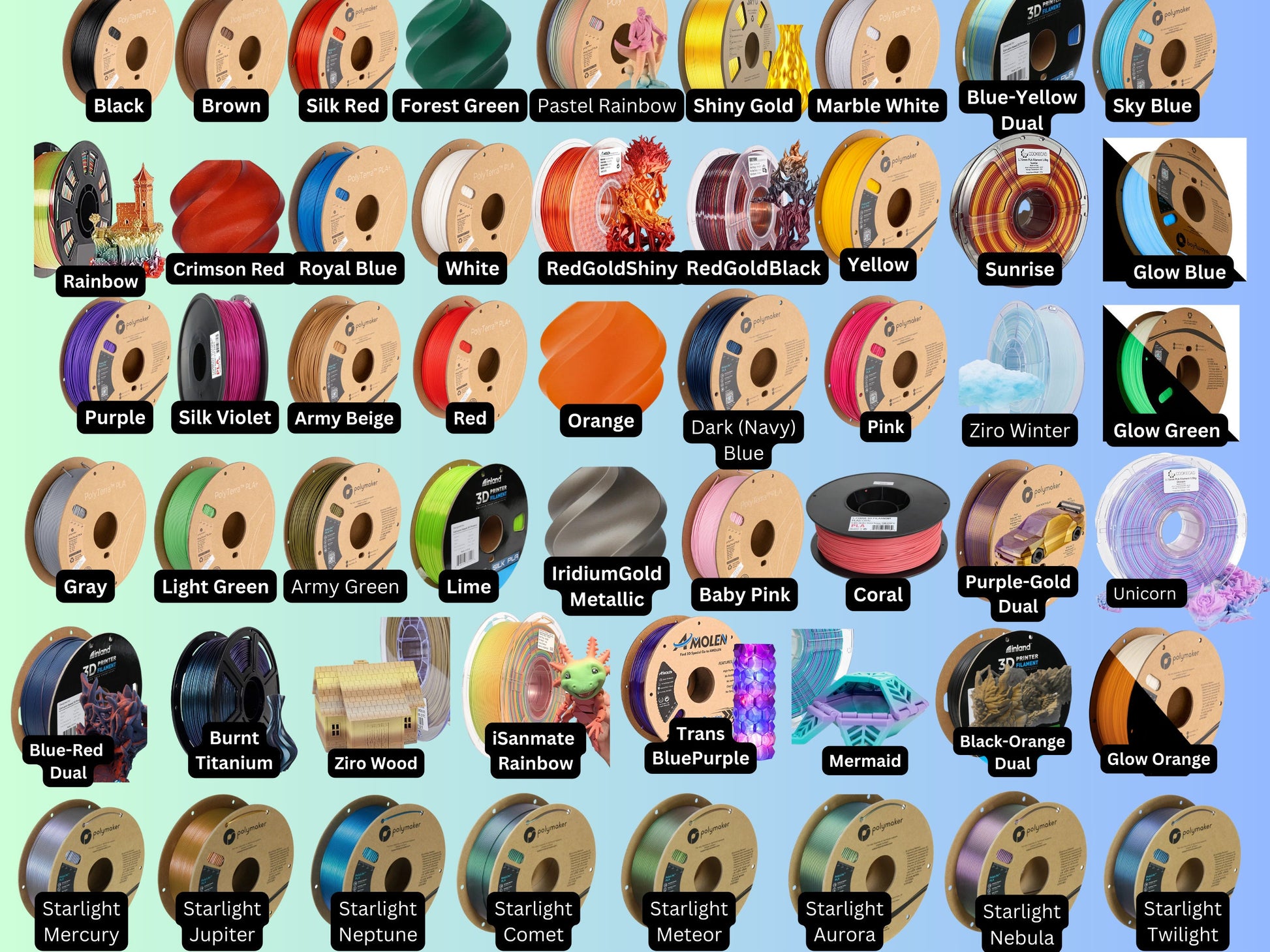 Filament color chart for the Baby Winter Dragon — spools of the many color options available, including Ziro Winter, rainbows, duals, and Starlight silks