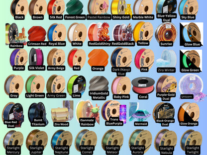Filament color chart for the Baby Winter Dragon — spools of the many color options available, including Ziro Winter, rainbows, duals, and Starlight silks