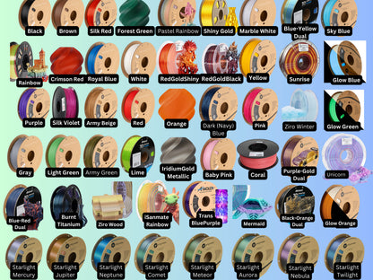 PLA filament color options chart for the flexi turtle skeleton