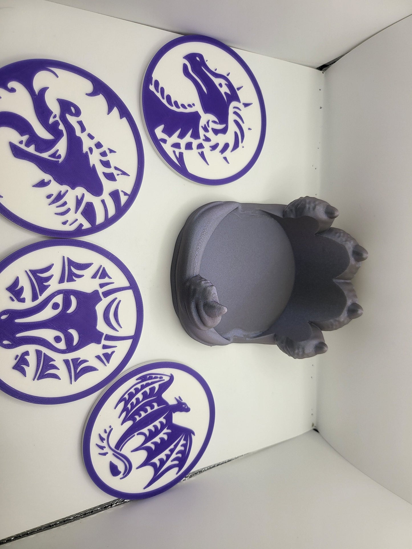Dragon Paw Coaster Holder with Four Dragon-themed Coasters | 3D Print