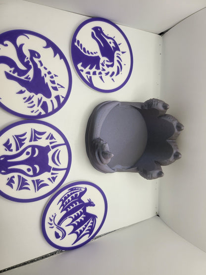 Dragon Paw Coaster Holder with Four Dragon-themed Coasters | 3D Print