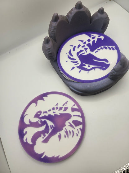 Dragon Paw Coaster Holder with Four Dragon-themed Coasters | 3D Print