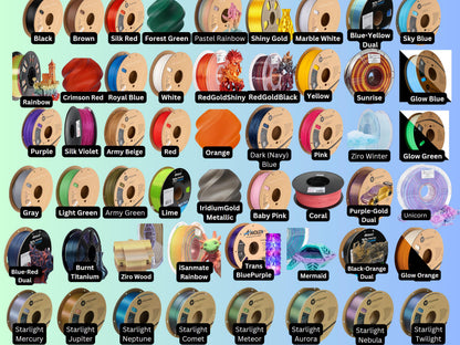 Filament color chart of personalization options for the house parts — solids, silks, duals, glow, rainbow, and Starlight colors, 3D printed
