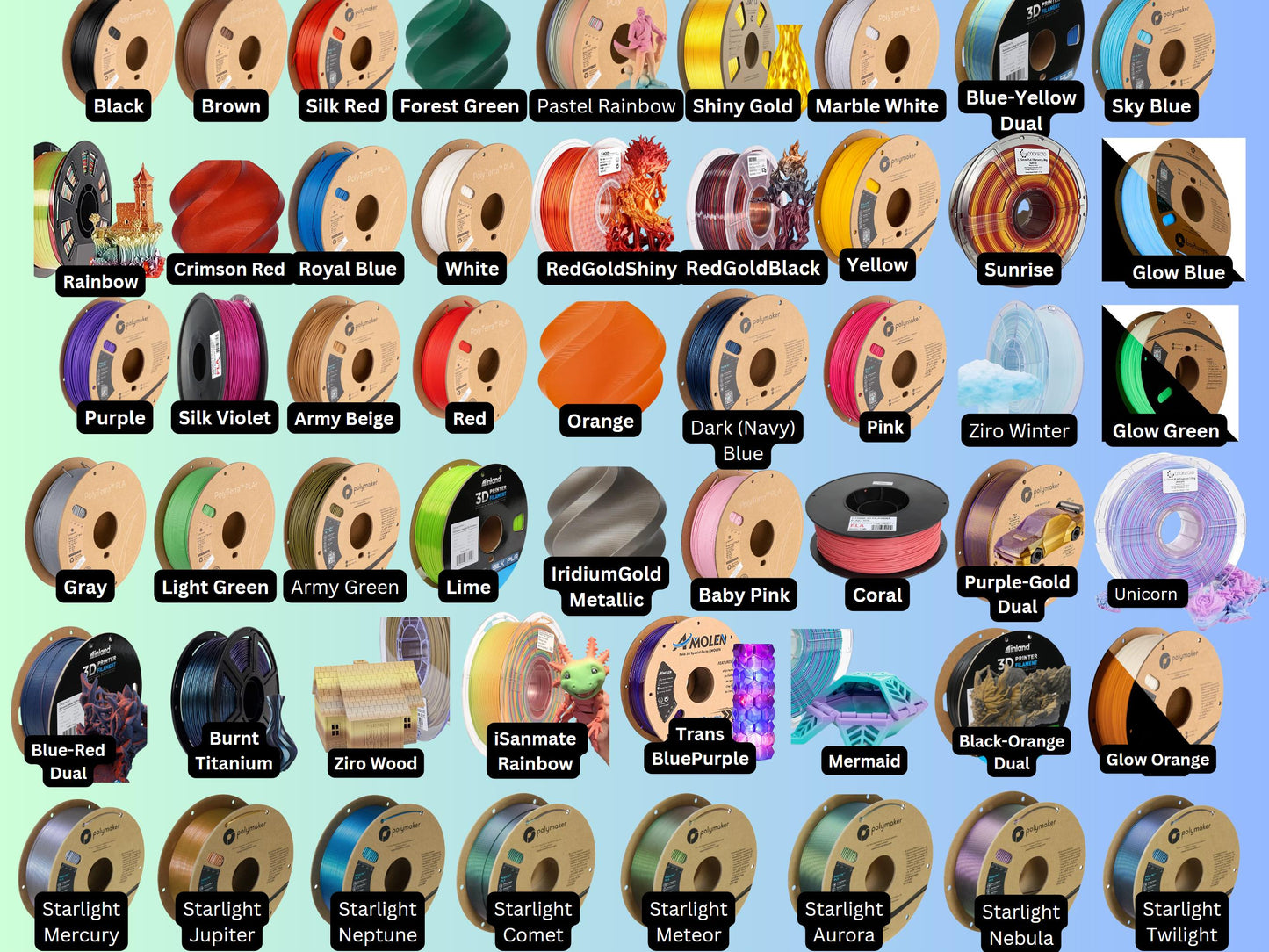 Filament color chart showing the range of spool colors used in the shop's 3D prints, from solids to gradients and Starlight silks