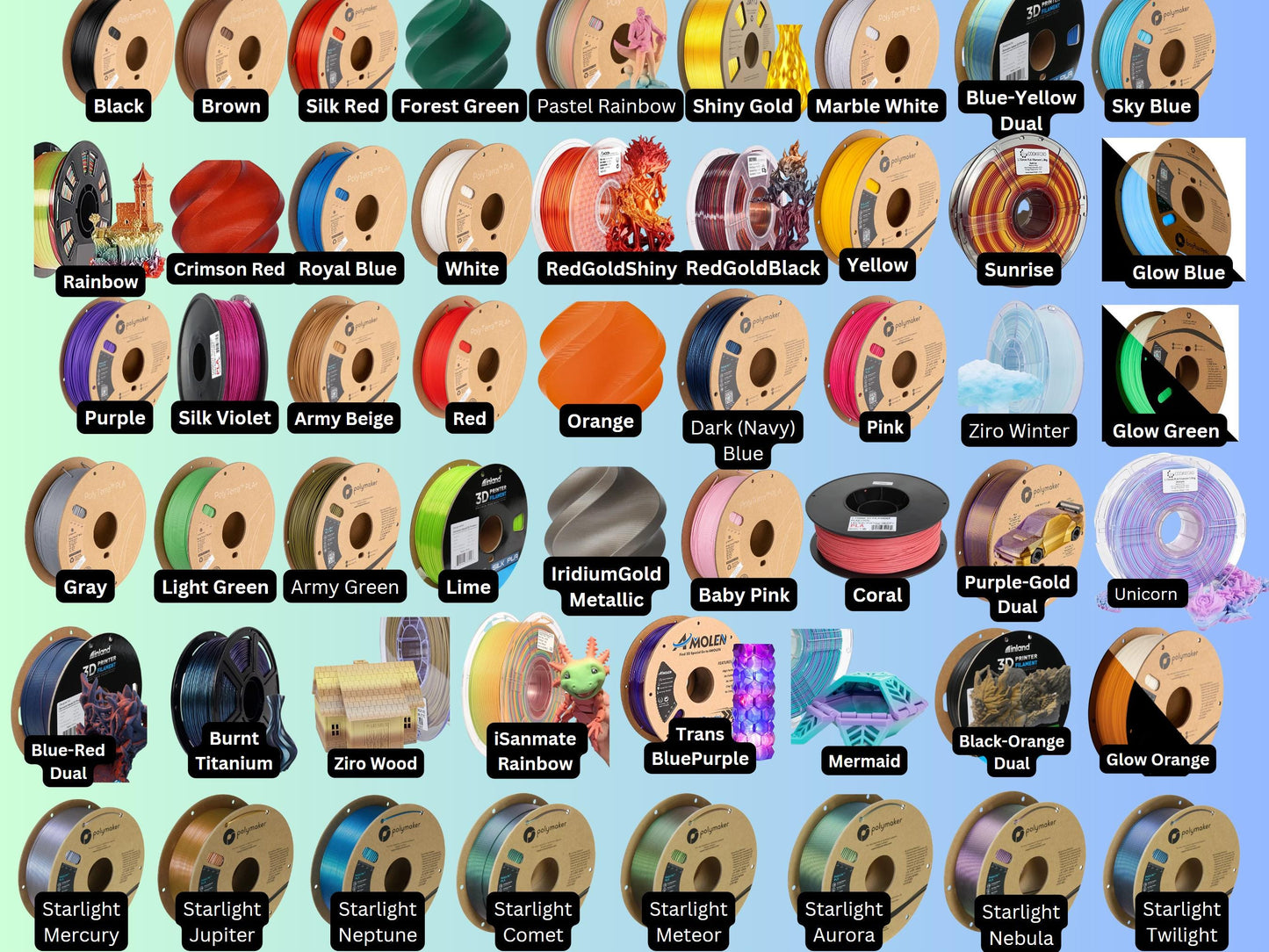 Filament color chart showing available color options — solids, silks, duals, glow, rainbow, and Starlight filaments for customizing your print