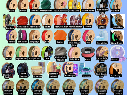 Filament color chart showing available color options — solids, silks, duals, glow, rainbow, and Starlight filaments for customizing your print