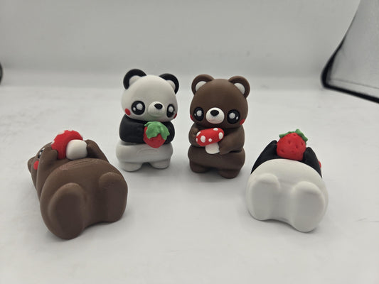 Cute Cottagecore Flexi Bears | Brown Bear with Mushroom or Panda with Strawberry | 3D Print