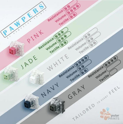 Key switch options chart showing pink, jade, white, navy, and gray switches with resistance, volume, and tactile ratings