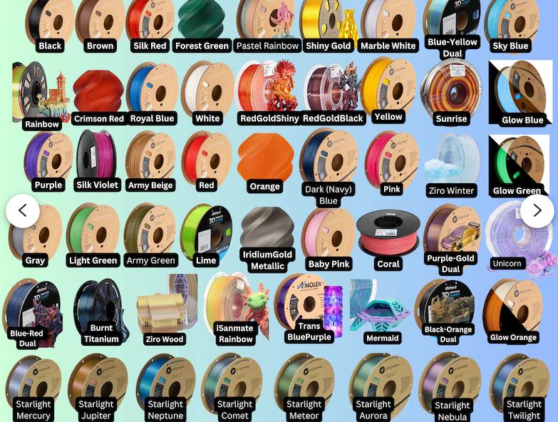 Filament color chart showing available 3D printing colors, including silk, dual-color, glow, and Starlight options