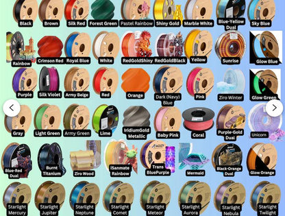 Filament color chart showing available 3D printing colors, including silk, dual-color, glow, and Starlight options