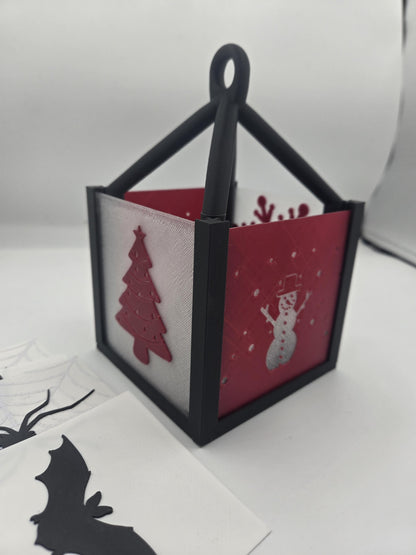 Holiday LED Tea Light Lantern | Two Holidays Available - Halloween with Spider and Bat Sides or Christmas with Snowflake and Tree | 3D Print
