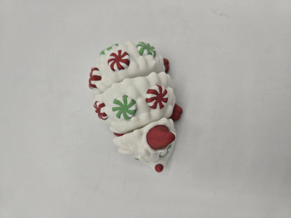 Peppermint Candies Christmas Hedgehog flexi from above — red and green peppermint candy swirls dotting the white 3D printed quills