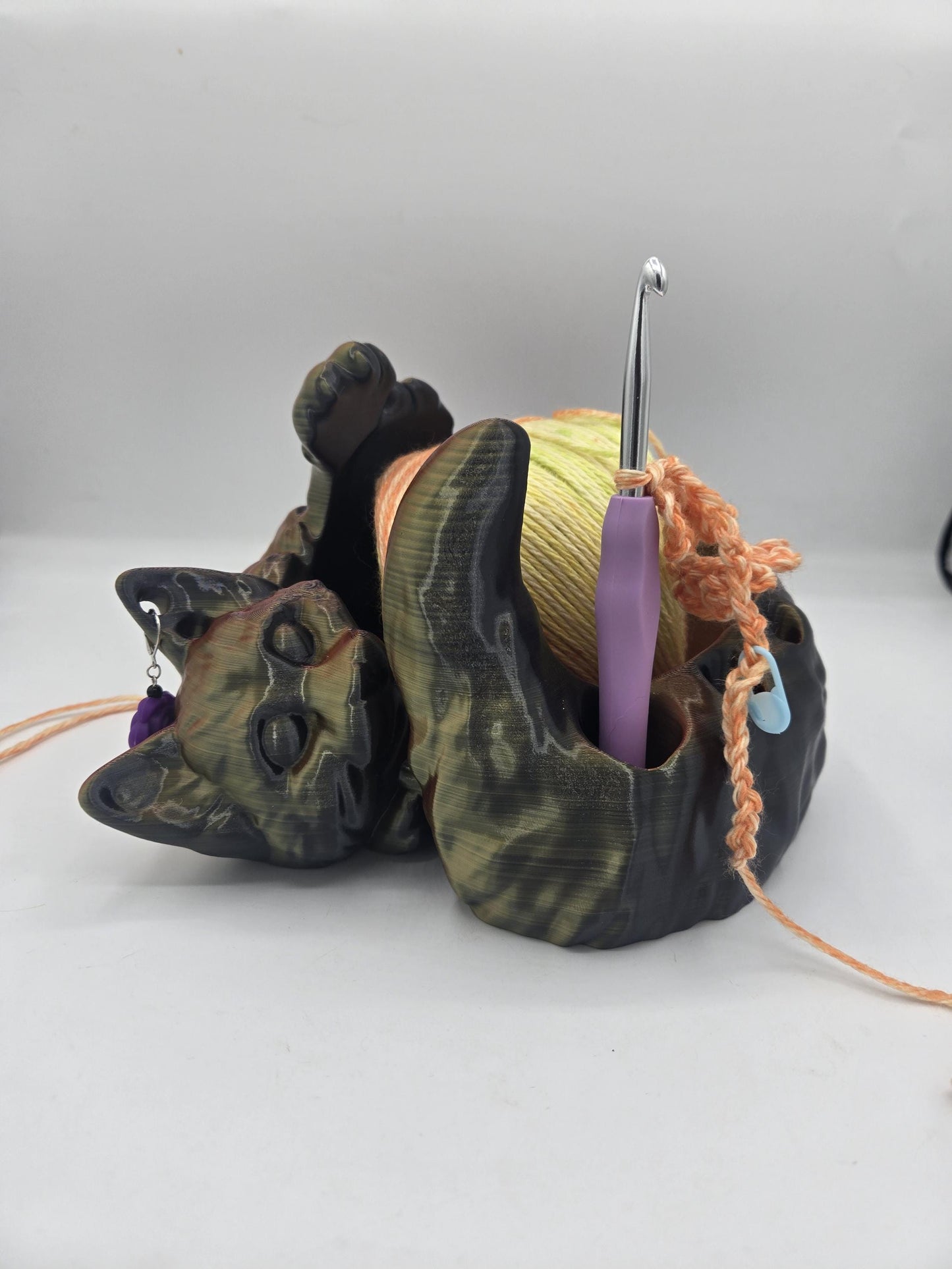 Cat Yarn Bowl with Hook Storage Spaces and Stitch Marker Holes | 3D Print