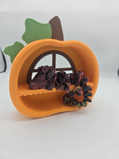 Pumpkin Trinket Shelf styled with small dragon flexis and a mushroom wreath, showing how mini collectibles fit on the shelf — 3D printed