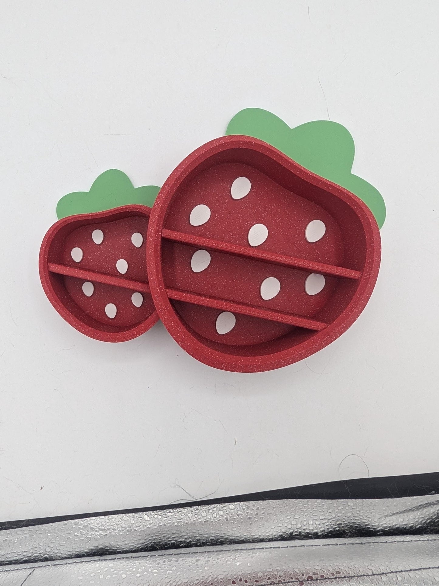 Large and small Strawberry Trinket Shelves shown together with empty shelves ready for dice, crystals, or mini collectibles — 3D printed