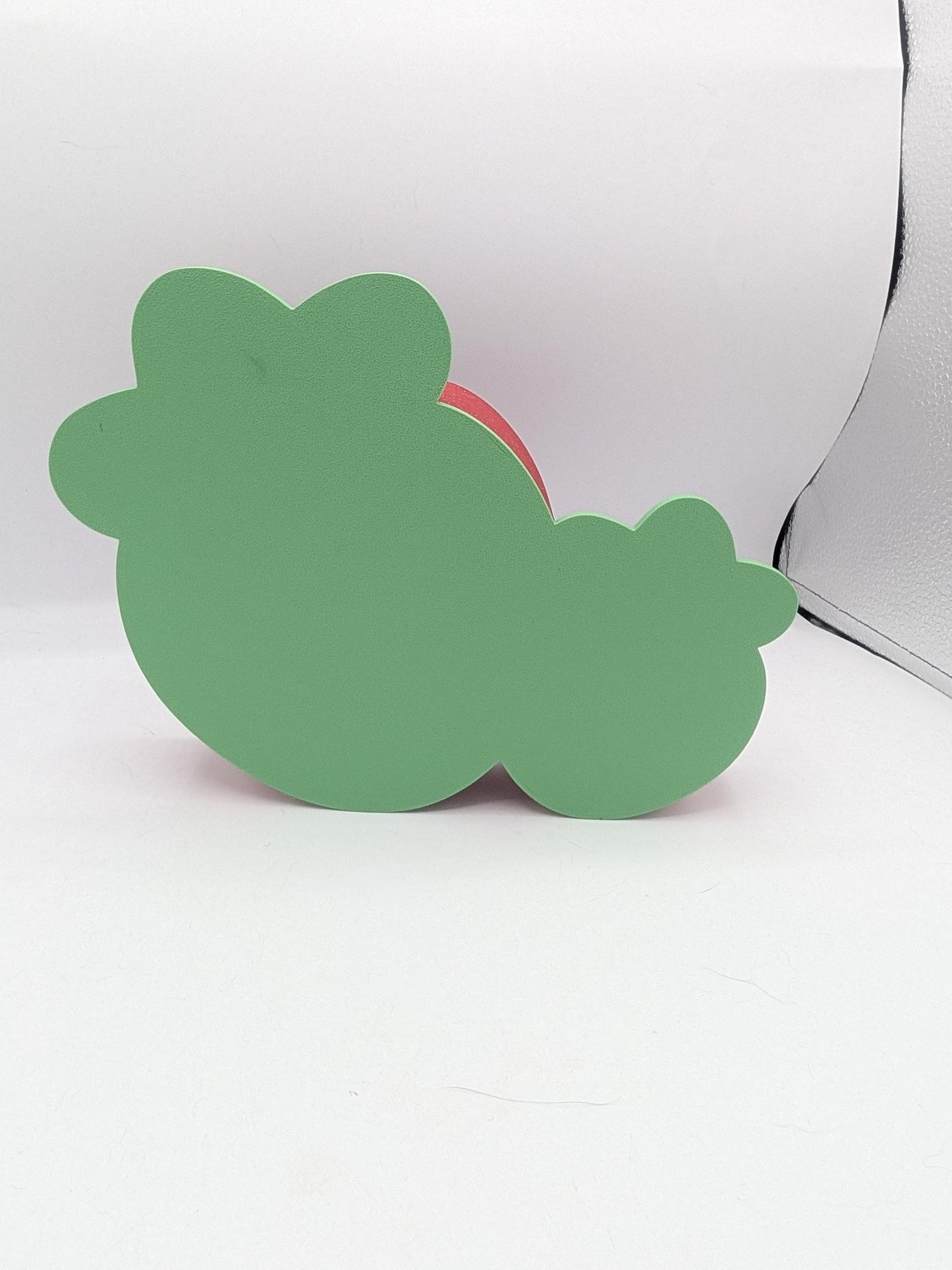 Back view of the Strawberry Trinket Shelf showing the smooth green leaf-shaped backing — 3D printed in PLA