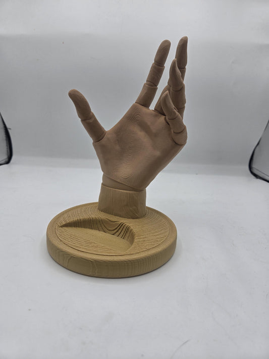 Wooden hand wine bottle holder printed in wood filament — empty sculpted hand with curved fingers on a round wood-grain base