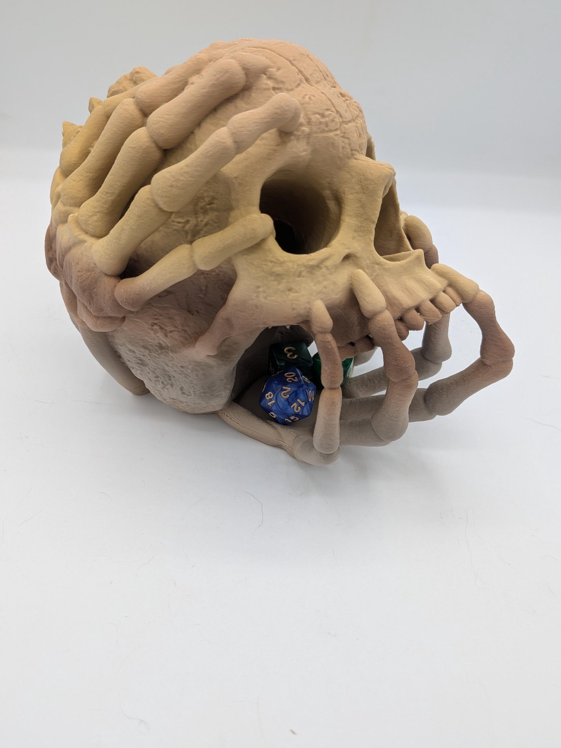 Skull dice tower at an angle with green and blue polyhedral dice caught in the skeletal hand tray