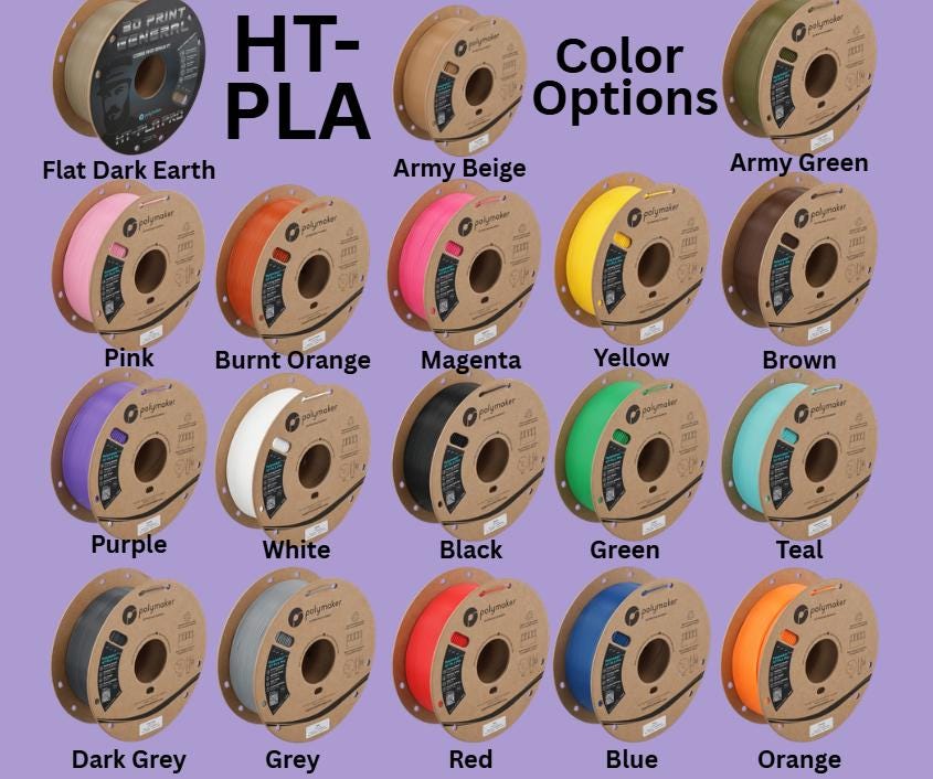 HT-PLA color options chart for the TNT birdhouse showing available high temperature filament colors