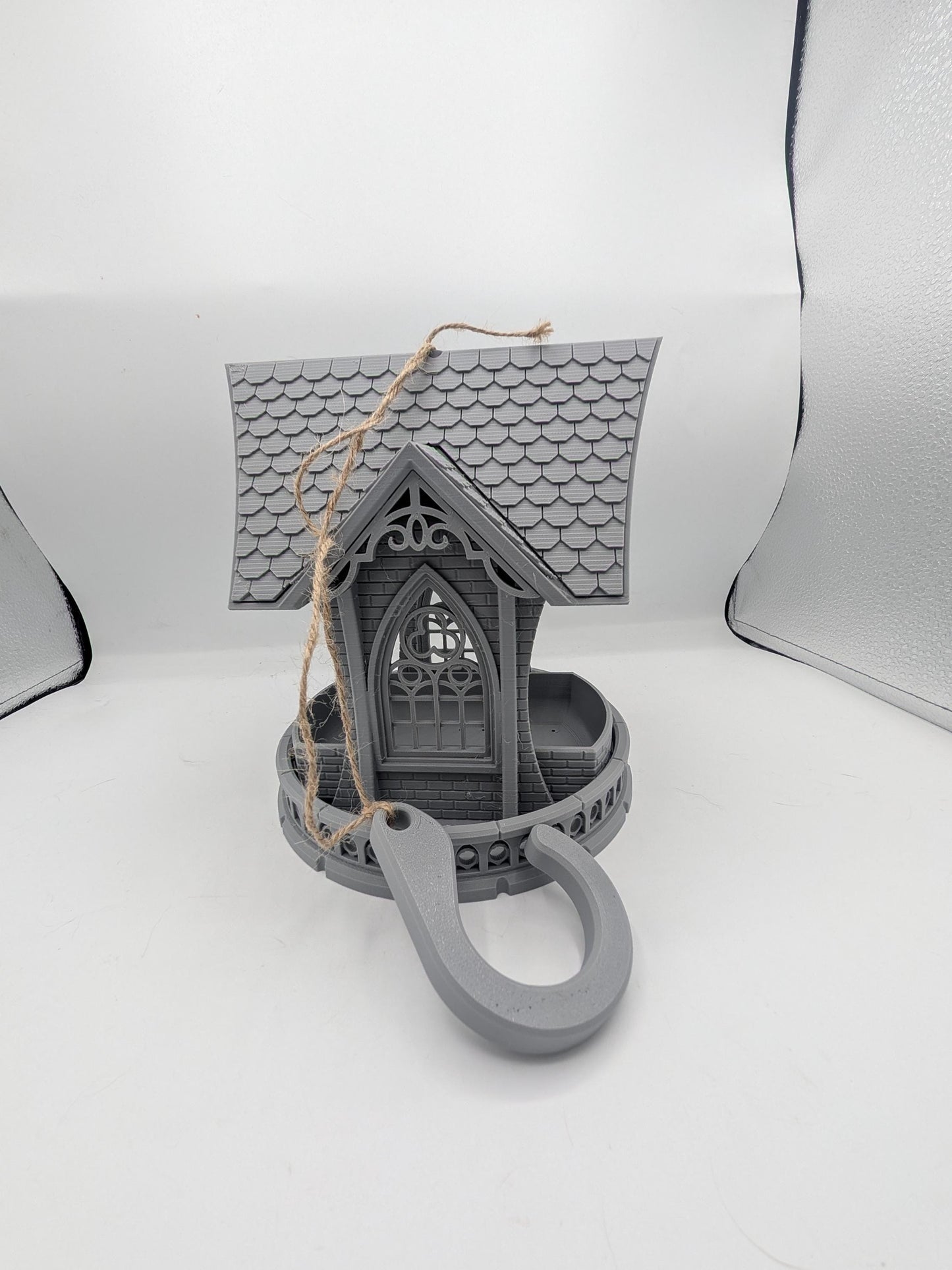 Gothic church bird feeder with included hanging hook and twine, printed in gray HT-PLA