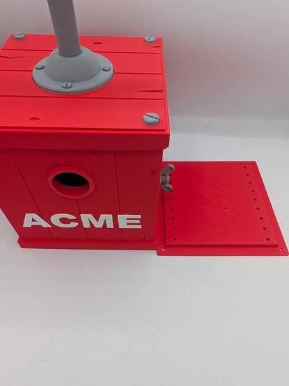 TNT birdhouse with removable bottom panel detached, showing drainage holes and wing nut fastener for seasonal cleaning