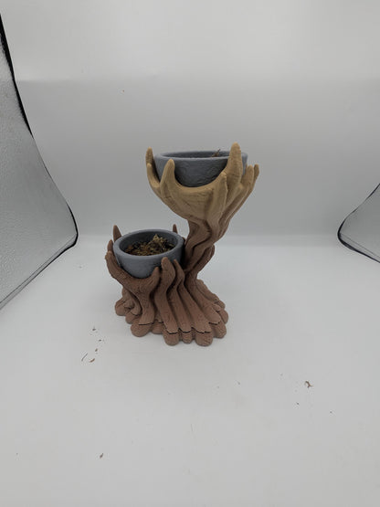 Spiral tree dual planter 3D print with twisting brown trunk and tan branches holding two gray planter bowls, lower bowl filled with faux moss