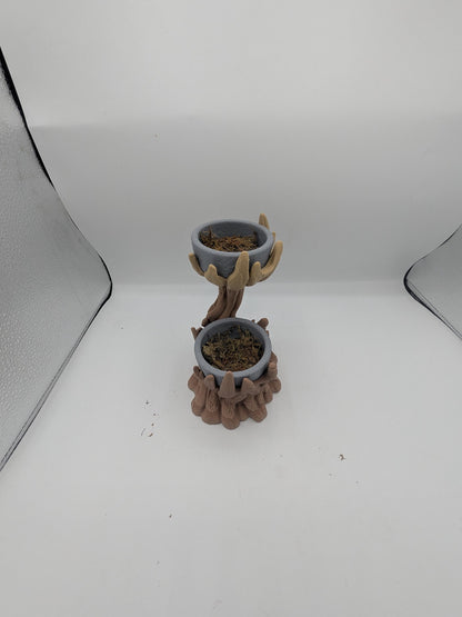 Spiral tree dual planter viewed from above with both gray bowls filled with faux moss for display inspiration