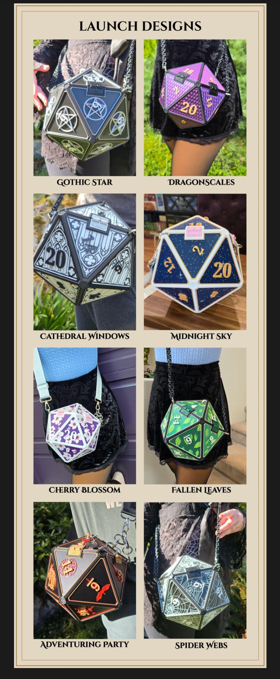 D20 Dice Shaped Purse 3D print launch design panel sets: Gothic Star, Dragonscales, Cathedral Windows, Midnight Sky, Cherry Blossom, Fallen Leaves, Adventuring Party and Spider Webs, each worn as a shoulder bag