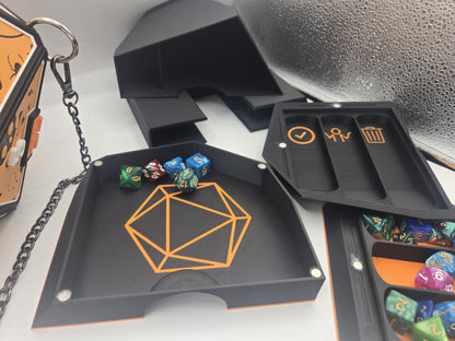 D20 Dice Shaped Purse 3D print Halloween orange bag alongside the TTRPG insert set, dice tray with orange D20 outline, dice tower and dice holder, angled view