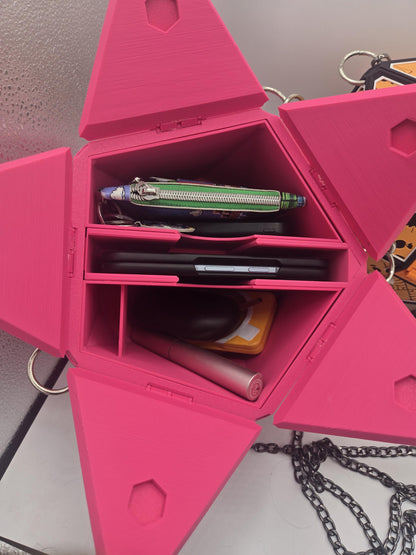 D20 Dice Shaped Purse 3D print opened to show the modular organizer insert holding a wallet, phone, lipstick and keys in separate slots