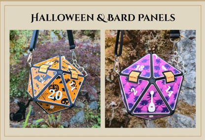 D20 Dice Shaped Purse 3D print Halloween and Bard panel designs: orange pumpkin, bat and ghost panels beside purple cat panels with a lute, each worn on a chain strap outdoors