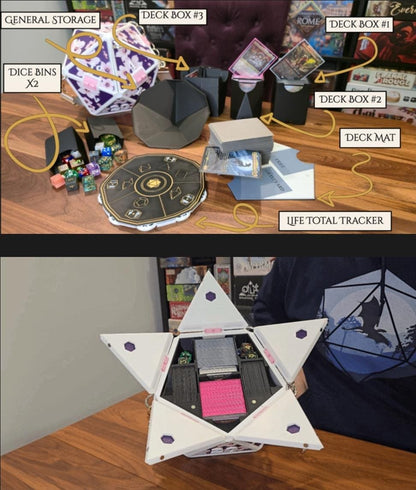 D20 Dice Shaped Purse 3D print TCG organizer insert diagram labeling general storage, three deck boxes, two dice bins, deck mat and life total tracker, with the white purse open below showing decks stored inside
