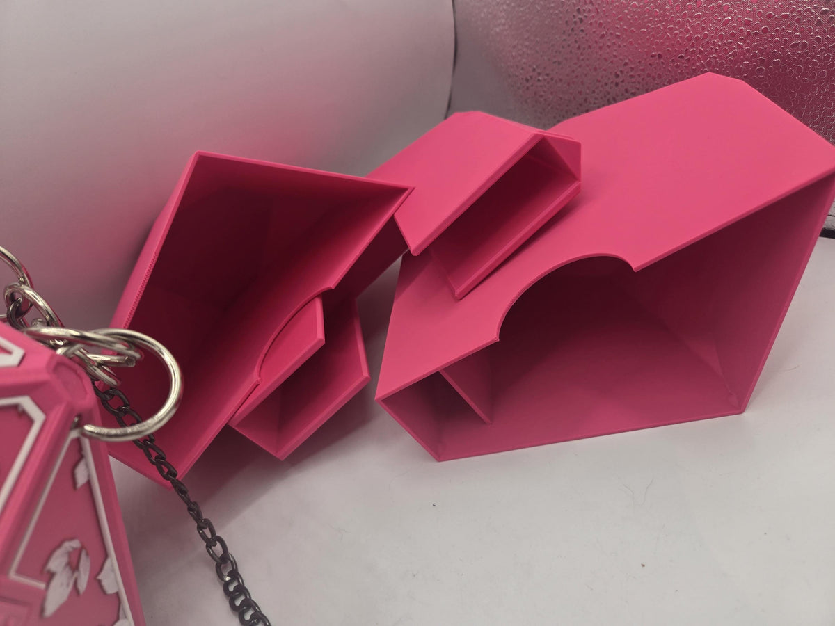 D20 Dice Shaped Purse 3D print pink modular organizer insert pieces removed from the bag, showing the phone slot and divider sections