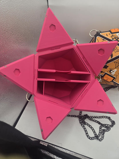 D20 Dice Shaped Purse 3D print in pink opened flat with the five triangular panels folded out, showing the hexagonal interior fitted with a modular organizer insert