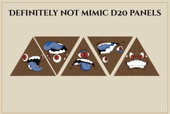 D20 Dice Shaped Purse 3D print Definitely Not Mimic panel design: five triangular wood-grain panels with cartoon monster eyes, teeth and tongues