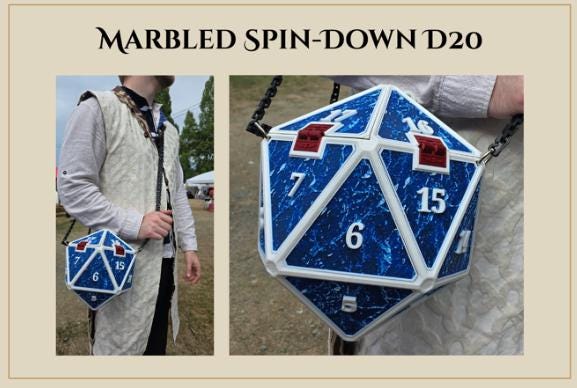D20 Dice Shaped Purse 3D print Marbled Spin-Down D20 panel design in blue and white marble, worn over the shoulder at a renaissance faire and shown close up