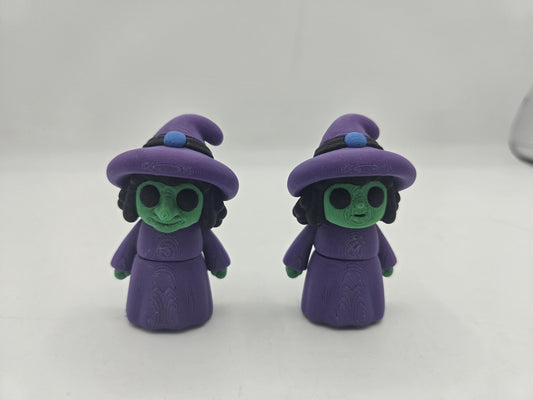 Tiny Witch Articulated Flexi Mini 3D print, two styles side by side: long storybook witch nose on the left and regular cute nose on the right, both with purple hats and robes and green skin